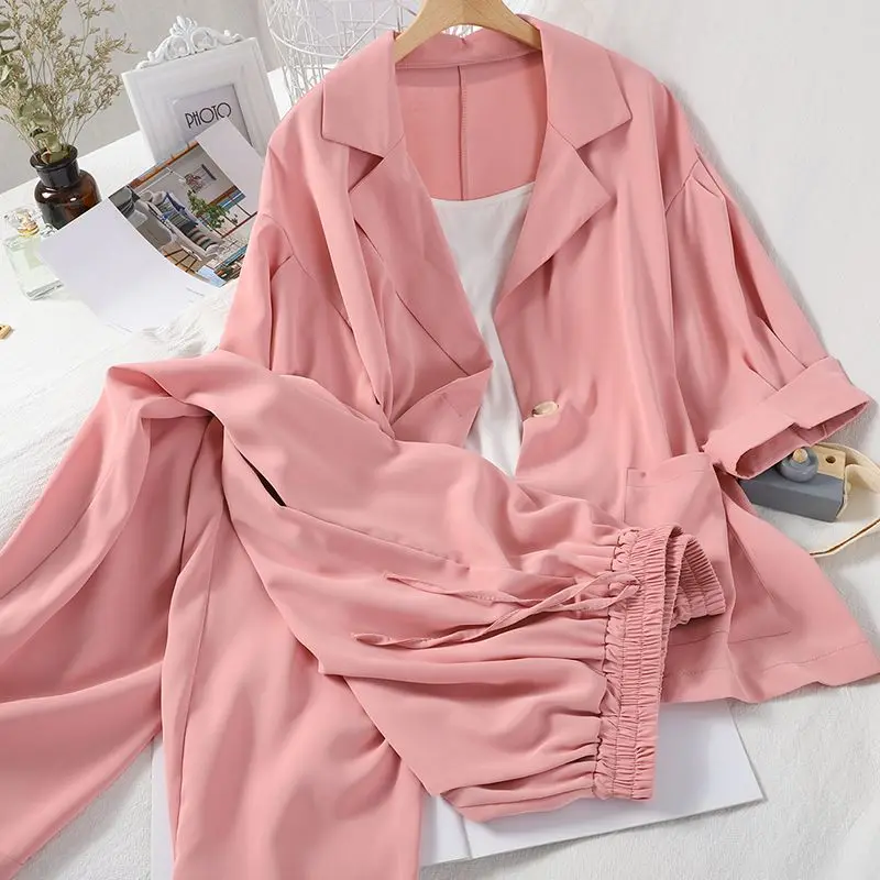 ฤดูร้อนใหม่บาง Jaket Sifon Blazer Lace-Up Casual กางเกง2ชิ้น Elegant ผู้หญิงกางเกงสูทชุดชุดกีฬา