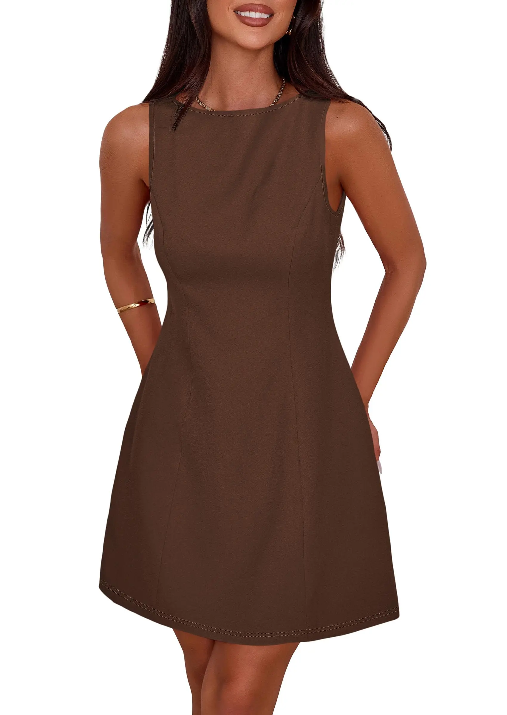 

Women Sleeveless Boat Neck A-Line Mini Dress For Formal Party Cocktail