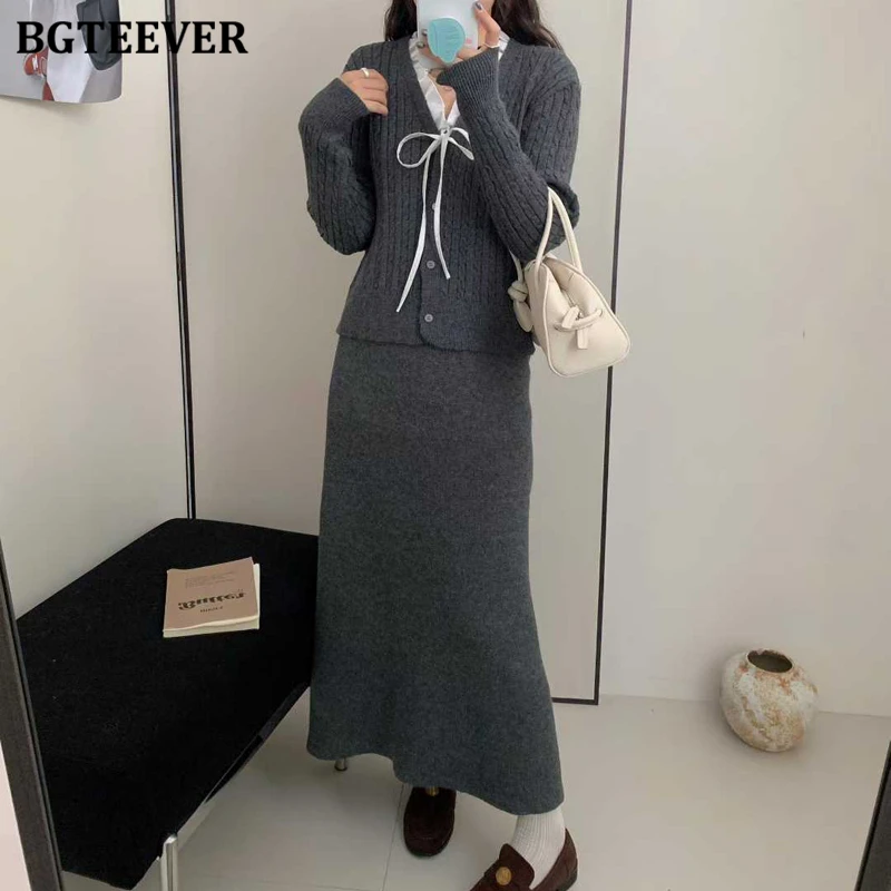 BGTEEVER Elegante dames gebreide 2-delige rokset V-hals Single-breasted strikvesten Truien en A-lijn rokken Damesoutfits