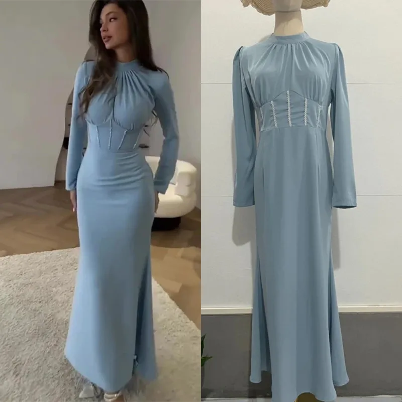 

Temperament Solid Color Pleated Long Sleeved Dress Chic Slit Irregular Long Dress Fashion Women's Slim Fit Banquet Evening Gown