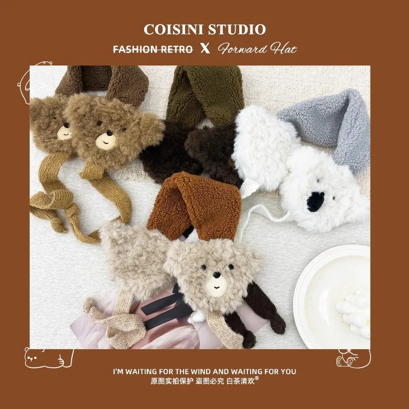 Ins لطيف الدببة الضخمة غطاء للأذنين للنساء الخريف والشتاء السفر الدافئة حماية الأذن تنوعا الحلو حزام البلوز قبعات #5