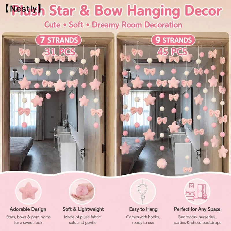 Pink Plush Heart Hanging Decor 26Pcs Soft Fluffy With Free Strings For Valentines Day Wedding Party Home Decor〔Nest〕