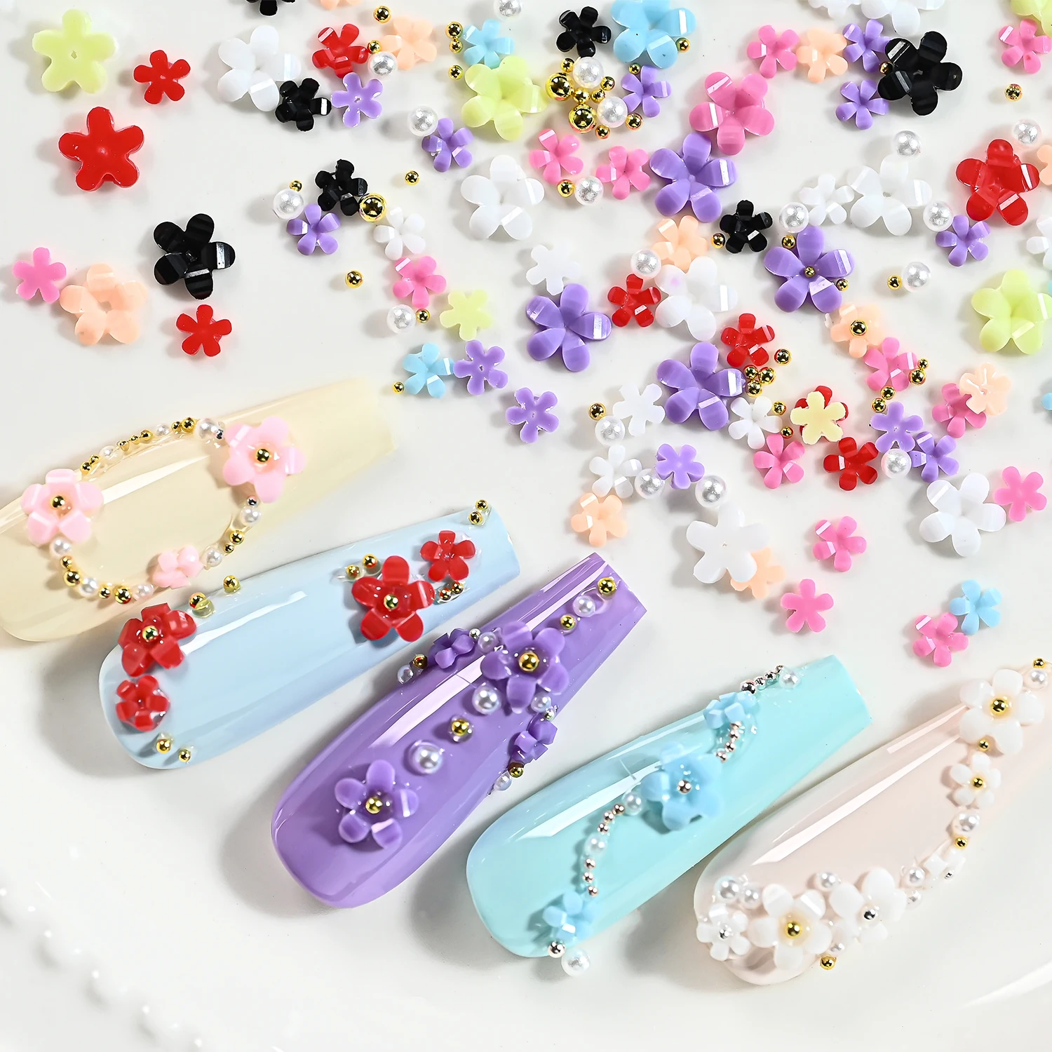 200Pcs/Bag 3D Colorful Acrylic Flower Nail Charms with Gold Caviar Beads Floral Nails Decorations Five-Petals Manicure Accessory - view 5