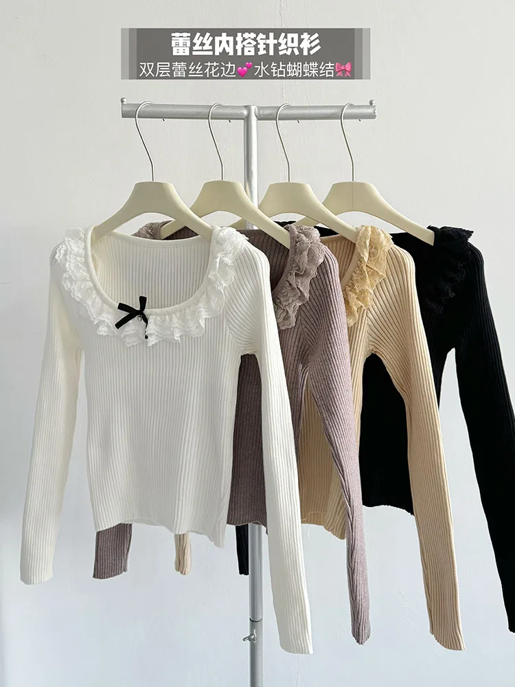 Sweet Sweater Women O-Neck Lace Bow Knitted Pullover Loose Korean Fashion Casual High Street Jumper Autumn Winter Preppy Style