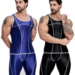 AMORESY Men Tracksuits Stretch Tanks Shiny Sports Fitness Running Sets Tops Legging Tanks