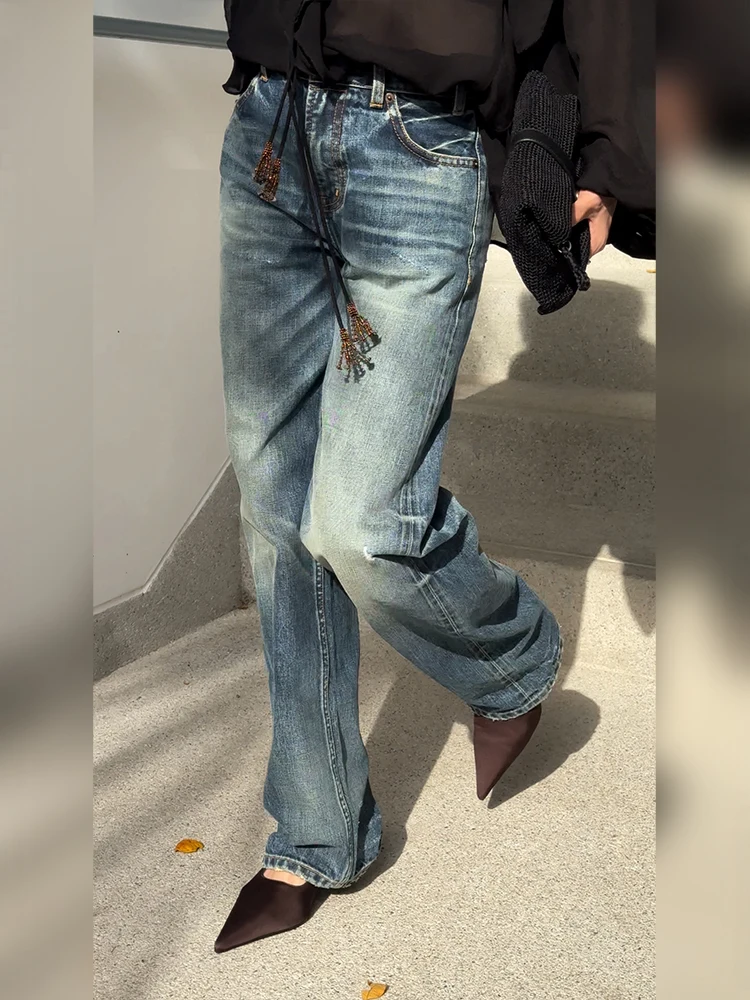 

TheSoong Red Ear Denim Vintage Waed Pure Cotton Soft mid Low Waist Straight Leg Jeans Women's Spring Summer Casual Trousers