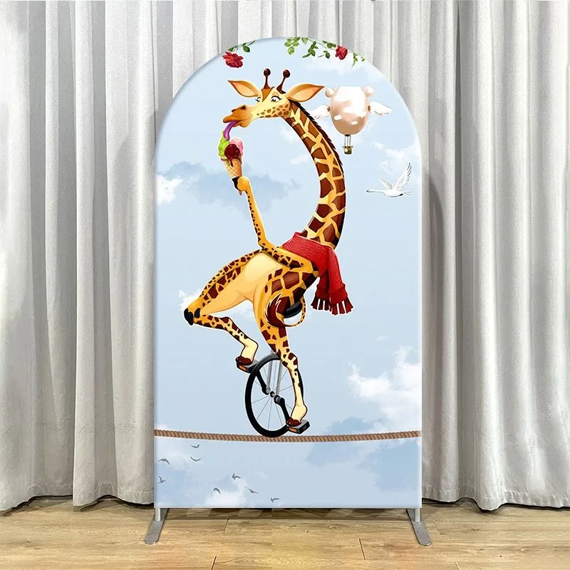 Elastic Double-layer Arch Backdrop Cover Circus Animal Trio Background for Party Decorations Featuring Giraffe Lion Hippo