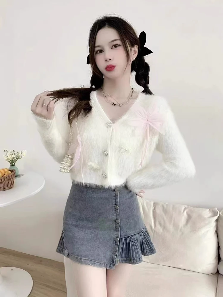 ​Chic Bowknot 3D Floral Knitted Cardigan 2025 New Autumn Winter Vintage Faux Raccoon Fur Short Sweater Coat Top Sweet​