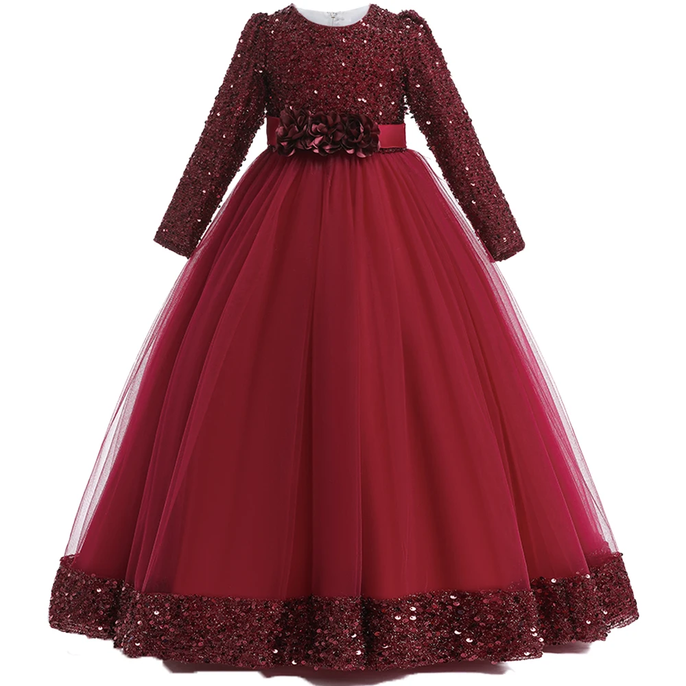 Delicate sequined girls' bridesmaid party dress, long-sleeved mesh princess dress, children's graduation party performance dress