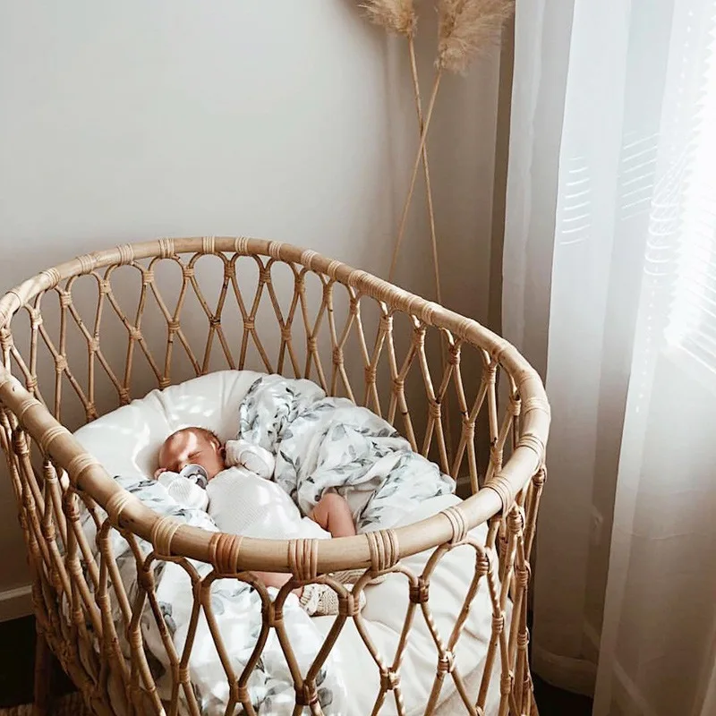 Baby bed Nordic retro pure handmade natural imported real rattan rattan woven baby bed