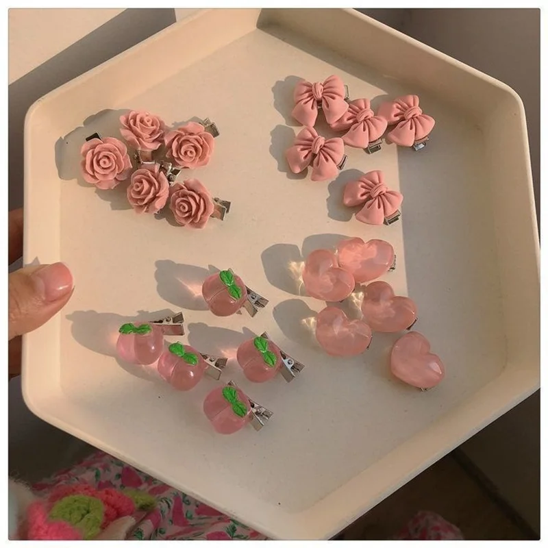 5Pcs Pink Girl Cute Series Honey Peach Rose Flower Hair Clip Hair Card Sweet Wind Camellia Lace Bow Headpiece Hair Accessories