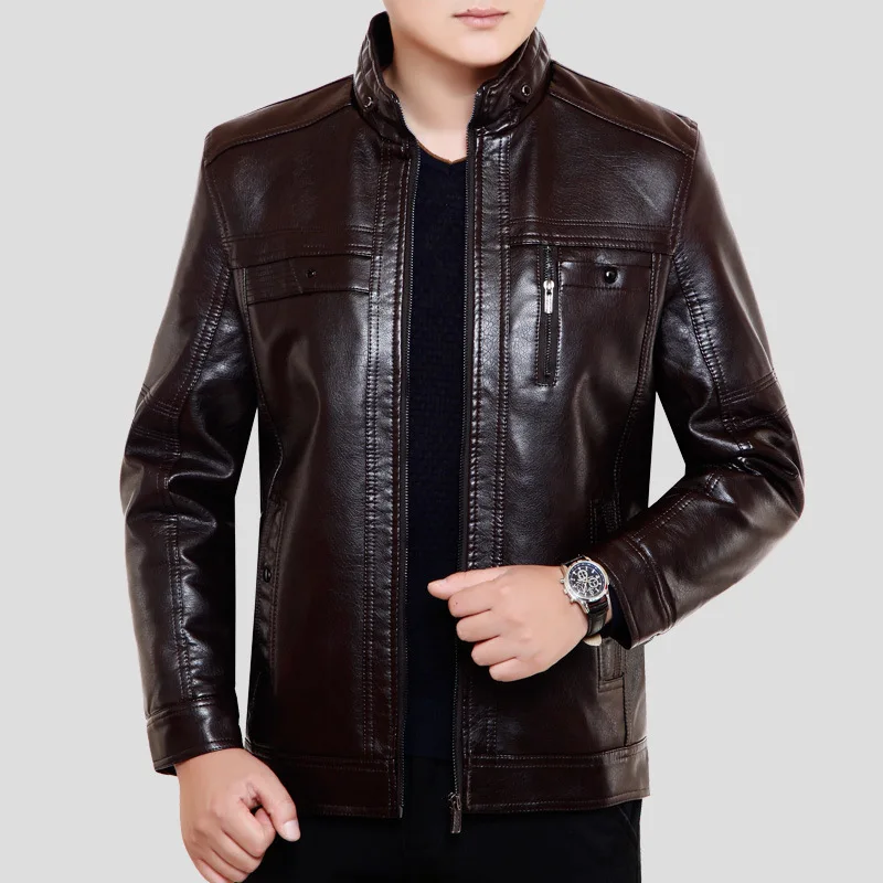 

Middle-Aged and Elderly Men Casual Leather Coat Winter Fleece-Lined Thickening Stand Collar PU Biker Leather Jacket Dad Clothing