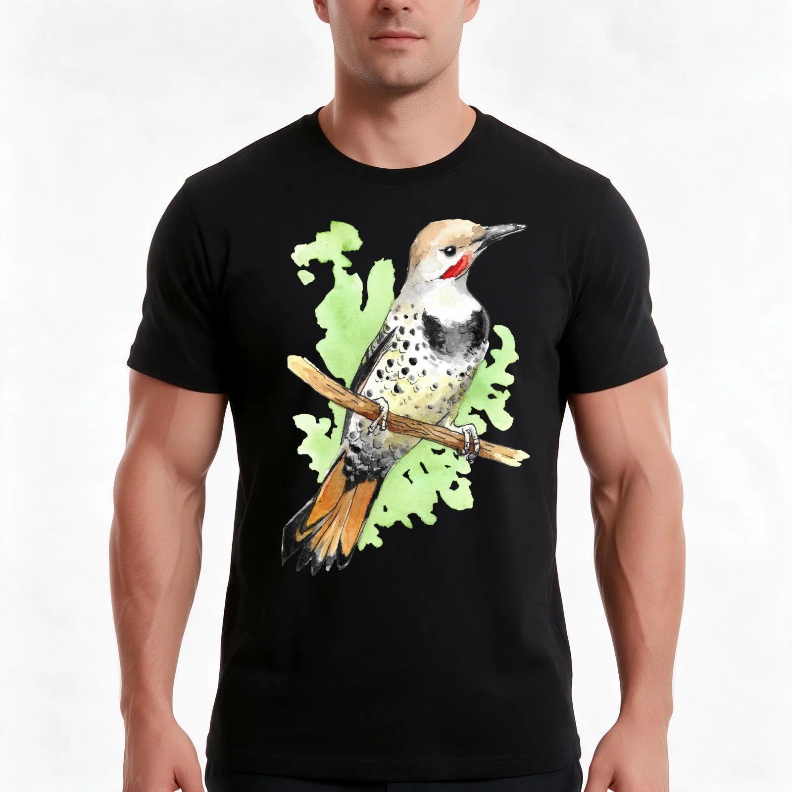 Watercolor Northern Flicker Woodpecker T-Shirt, Summer Casual Cotton Tee, Oversized Streetwear Tops, Vintage Graphic Print