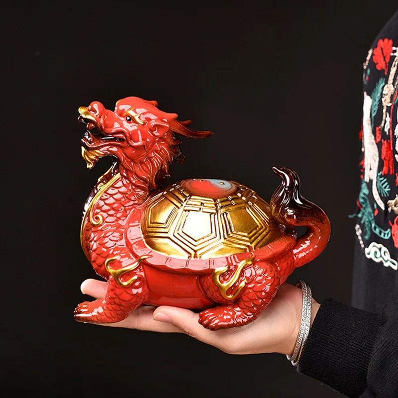 

Ceramics Gossip Dragon Turtle Statue, Chinese Traditional Auspicious God Beast Home Room Office Luckily Animal Feng Shui Statue