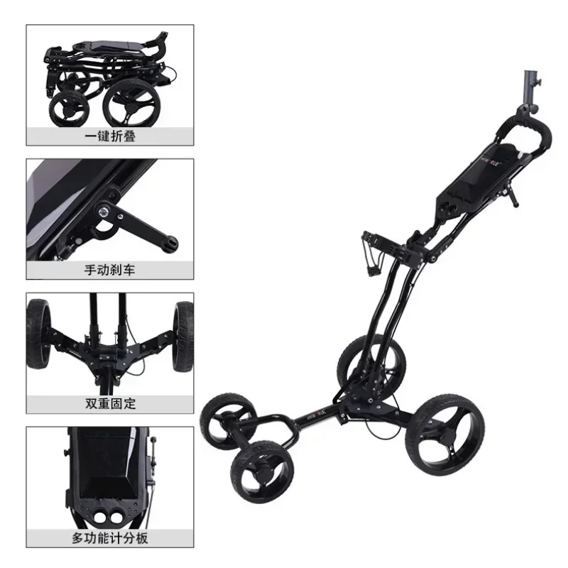 4 Wheel Folding Golf Push Cart Plus-Stainless Steel Construction, Adjustable Handle, Scoreboard, and Reliable Brake System