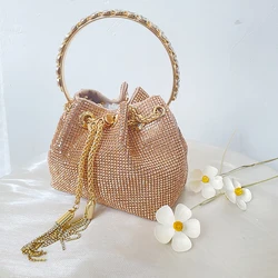 Woman Bucket Champagne Crossbody Metal Chain Bag Ladies Rose Gold Rhinestone Messenger Evening Bag Chic