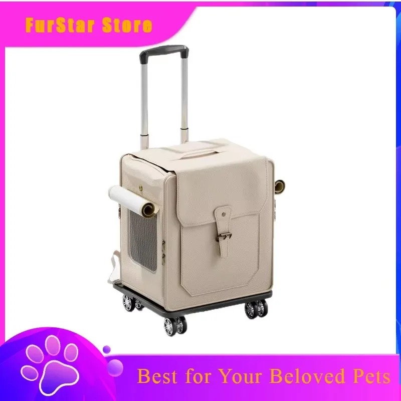 FurStarCustom Foldable Breathable Indoor Outdoor Soft Lined Metal Frame Travel Crate Bag Stroller Outdoor Large Wheels Pet Dog C