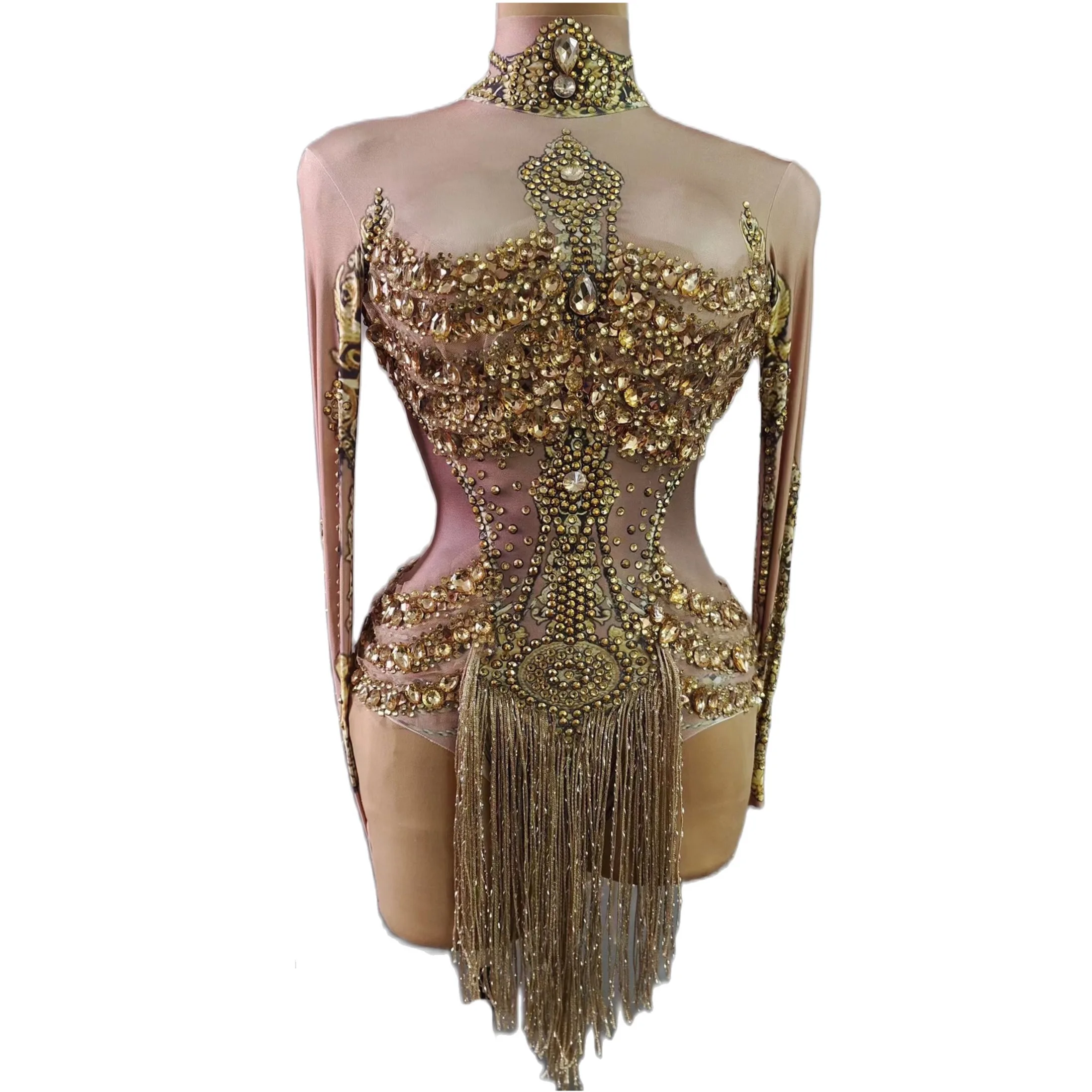 

Long Sleeves Shining Gold Rhinestones Crystal Sexy Backless Tassel Bodysuits For Women Nightclub Prom Stage Drag Queen Costumes