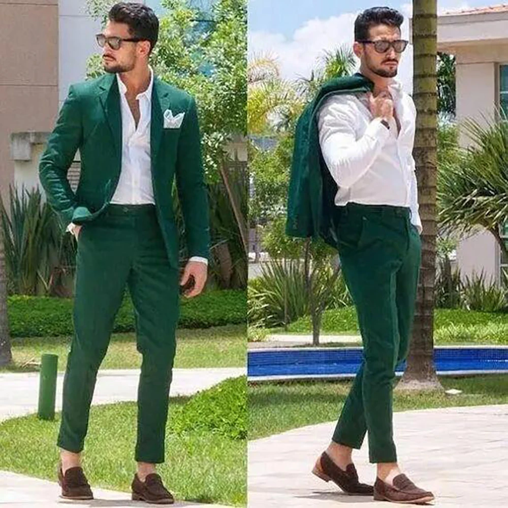 High-end Green Men Suit Two-pieces(Jacket+Pants) Set Slim Fit Fashion Handsome Male Formal Clothing