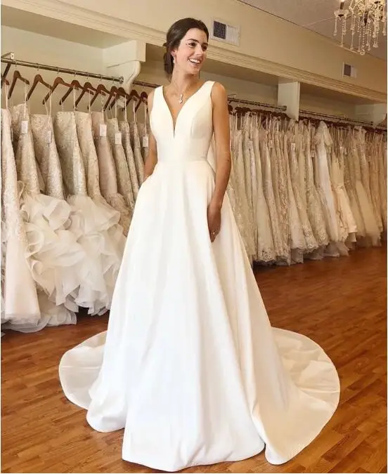 Vestidos De Novia De corte en A, elegantes vestidos De Novia De satén blanco marfil con cuello en V y espalda descubierta