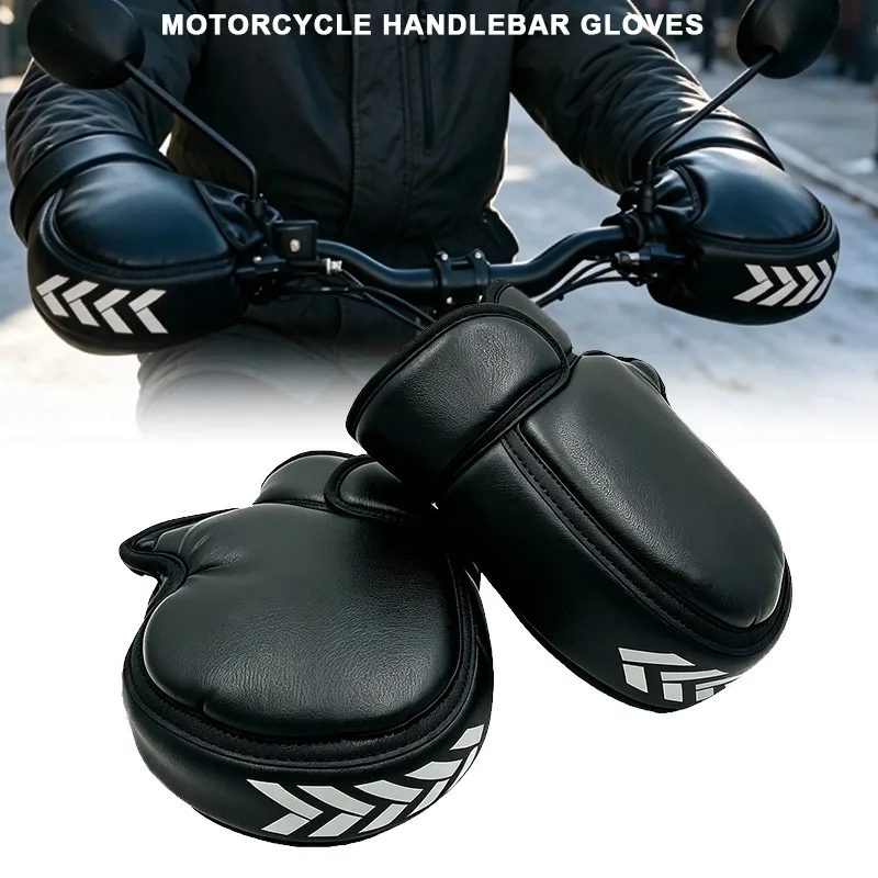 Winter Motorcycle Handlebar Gloves Muffs Waterproof Windproof Warm PU Leather Hand Cover for E-bike Bicycle Scooter Riding Gear