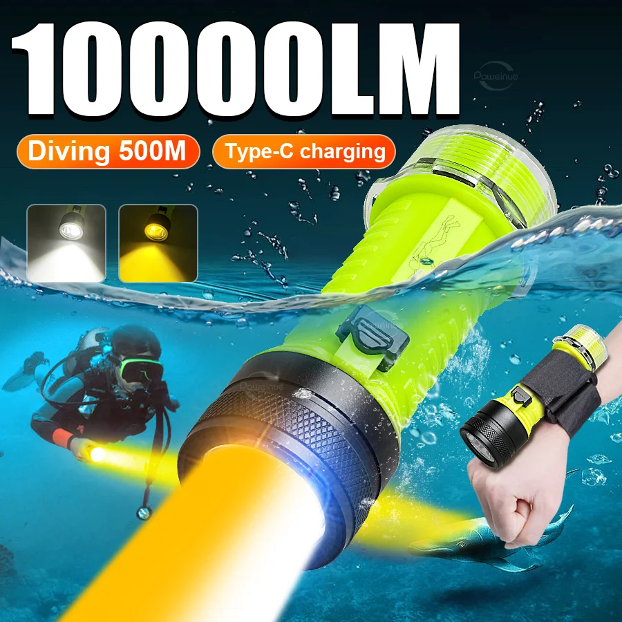 High Power LED Diving Flashlight Rechargeable Professional Diving Torch IPX8 Waterproof Underwater Scuba Dive Flashlight Fishing