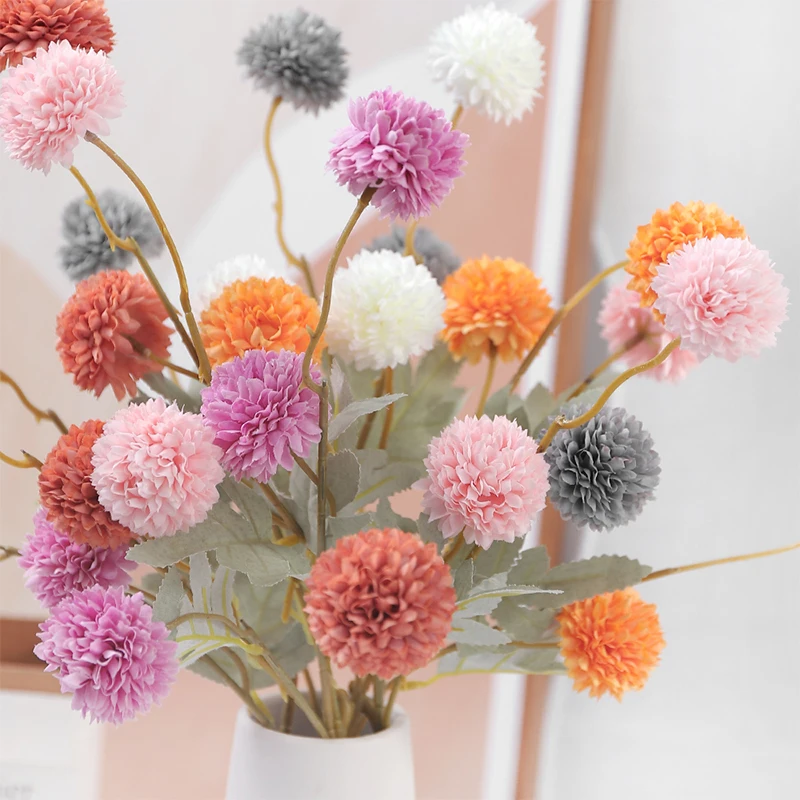 5 Head Artificial Flower Dandelions Home Decoration Single Green Onion Ball Flower Autumn Color Fake Flower Wedding Decoration