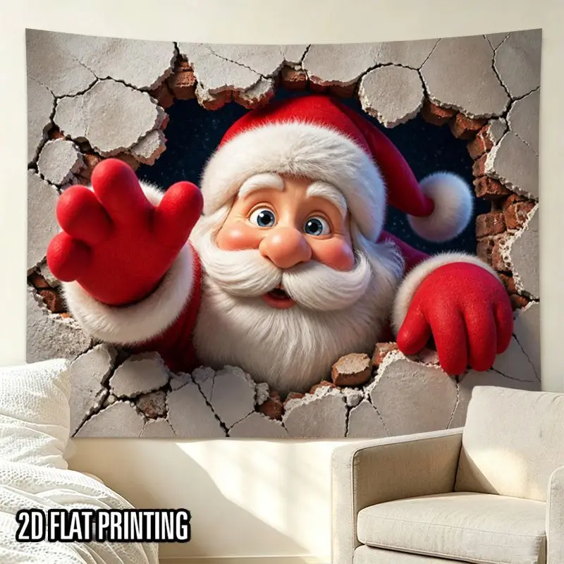 VIKAMA 3D Illusion Santa Wall Hanging Tapestry, Christmas Funny Scene Santa Breaking Through Brick Wall Decor Art for Party
