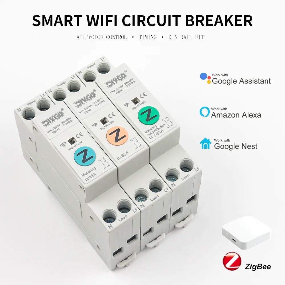 WiFi ZigBee Circuit Breaker 63A DIN Rail Remote Control Energy Monitoring Voltage Current Protection Works With Alexa Google