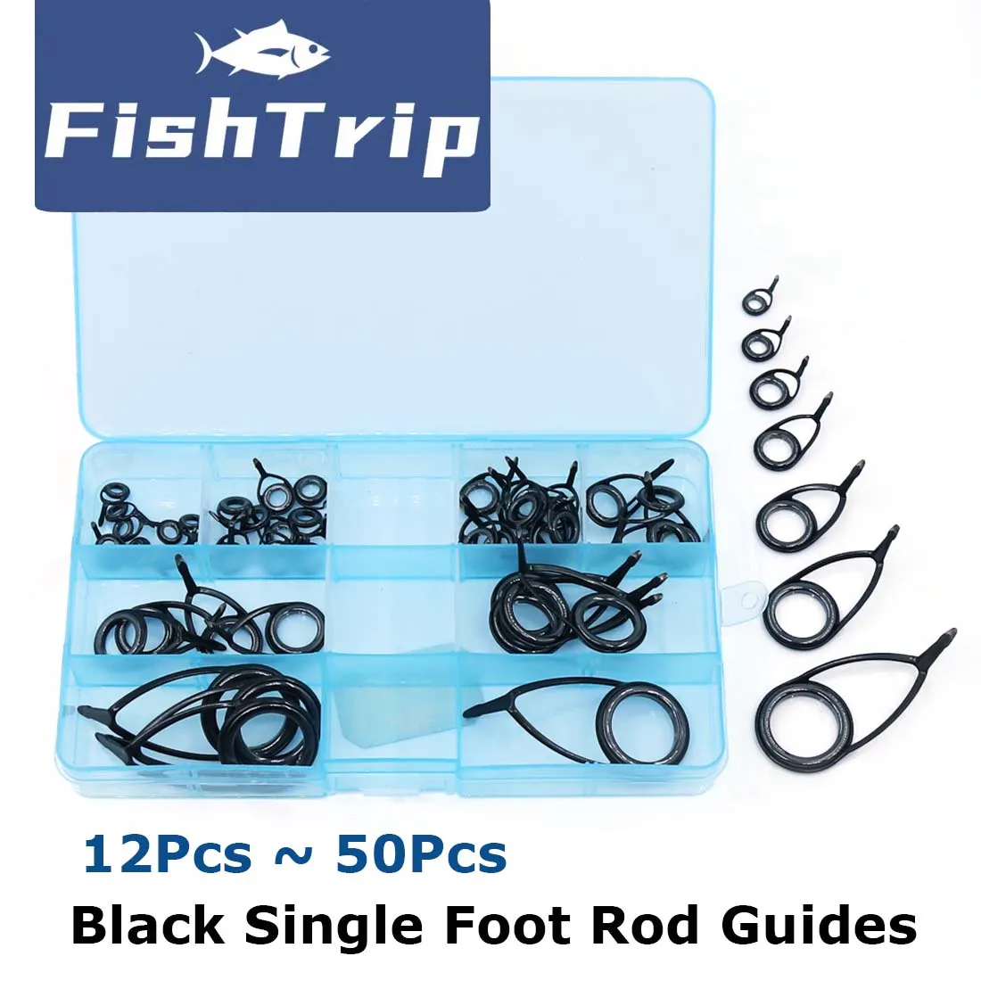 FishTrip 12-50pcs Fishing Rod Guide Spinning Eyelet Repair Kit Black Stainless Steel Ceramic Ring Guide Replacement Kit