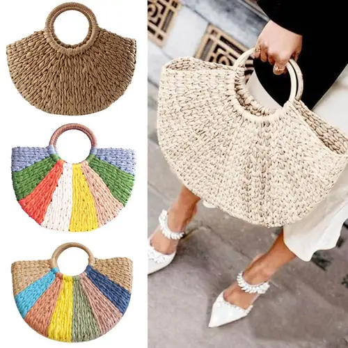 Bolso de paja tejido a mano para mujer, cesta de mimbre, sencillo, combina con todo, novedad