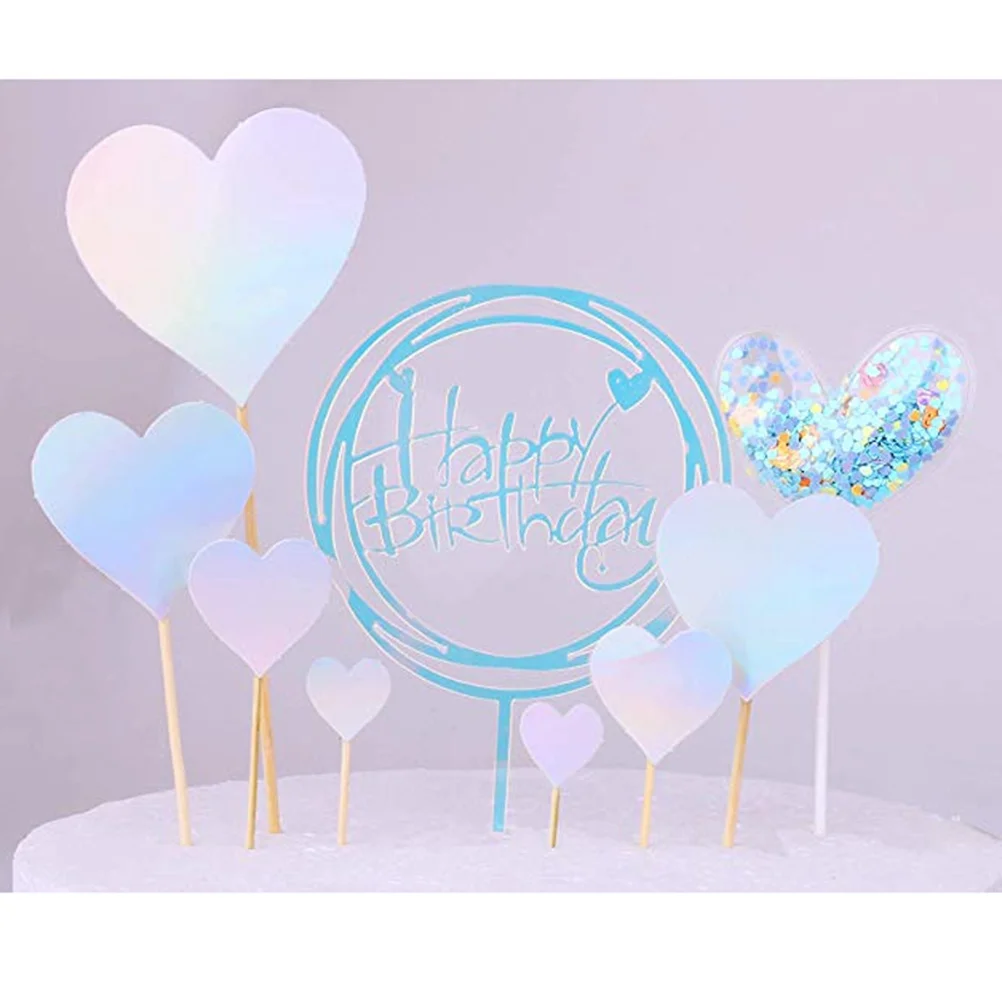 3 Sets Decor Cake Topper Shiny Picks Decorate Bamboo Heart Shape Toppers Cupcake Sticks