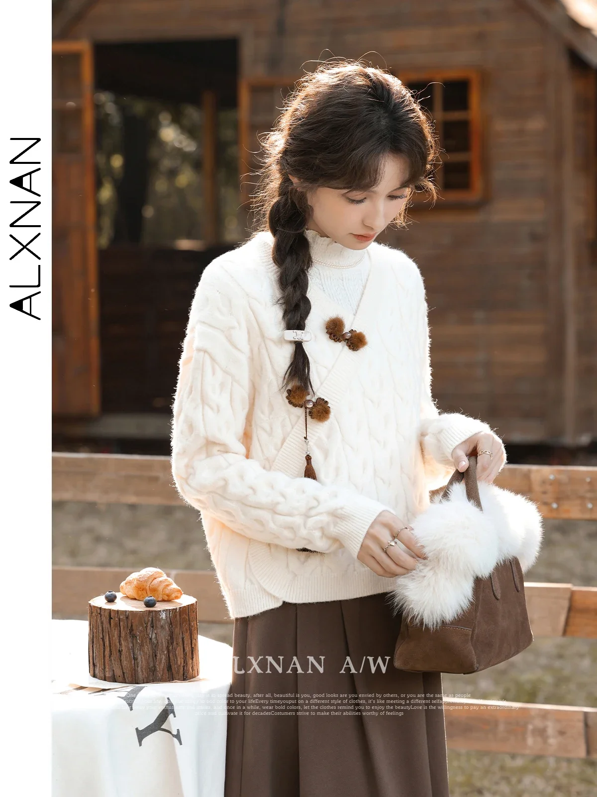 ALXNAN Apricot Knitted Sweater Woman 2024 Fall Winter V-neck Straight Loose Long Sleeve Tops Soft Jumper Sold Separately L330166