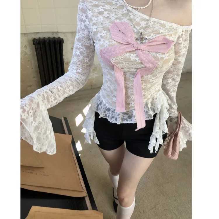 

Pink Knot Design Sensual Lace Shoulder T-shirt Women's Pure Desire Sweet Base Shirt Micro Transparent Original Design