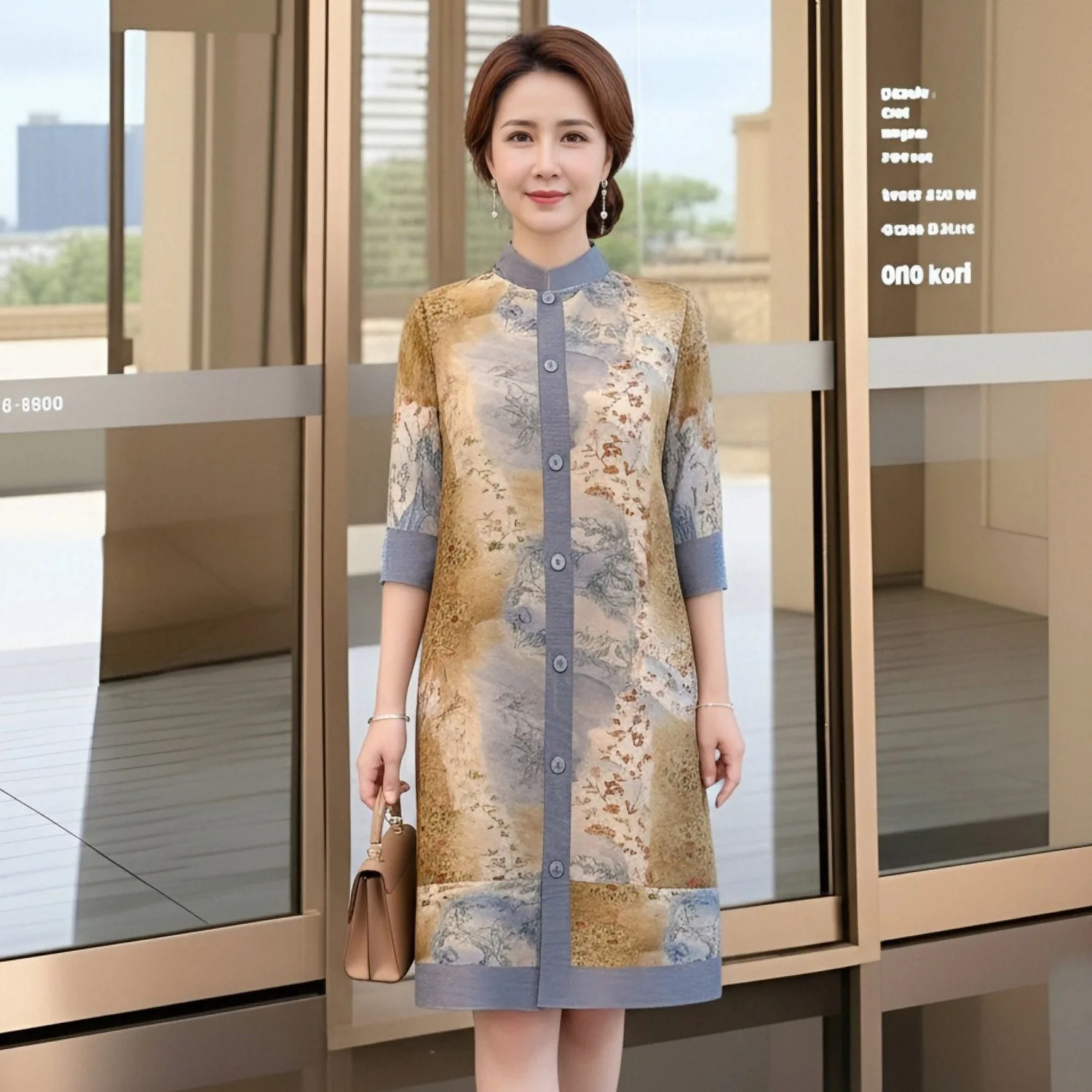 

Hot Sale Miyake Pleated Cardigan Dress Women Fashion Print Stand Collar 3/4 Sleeves Single Breasted Elegant Loose Shake Skirt