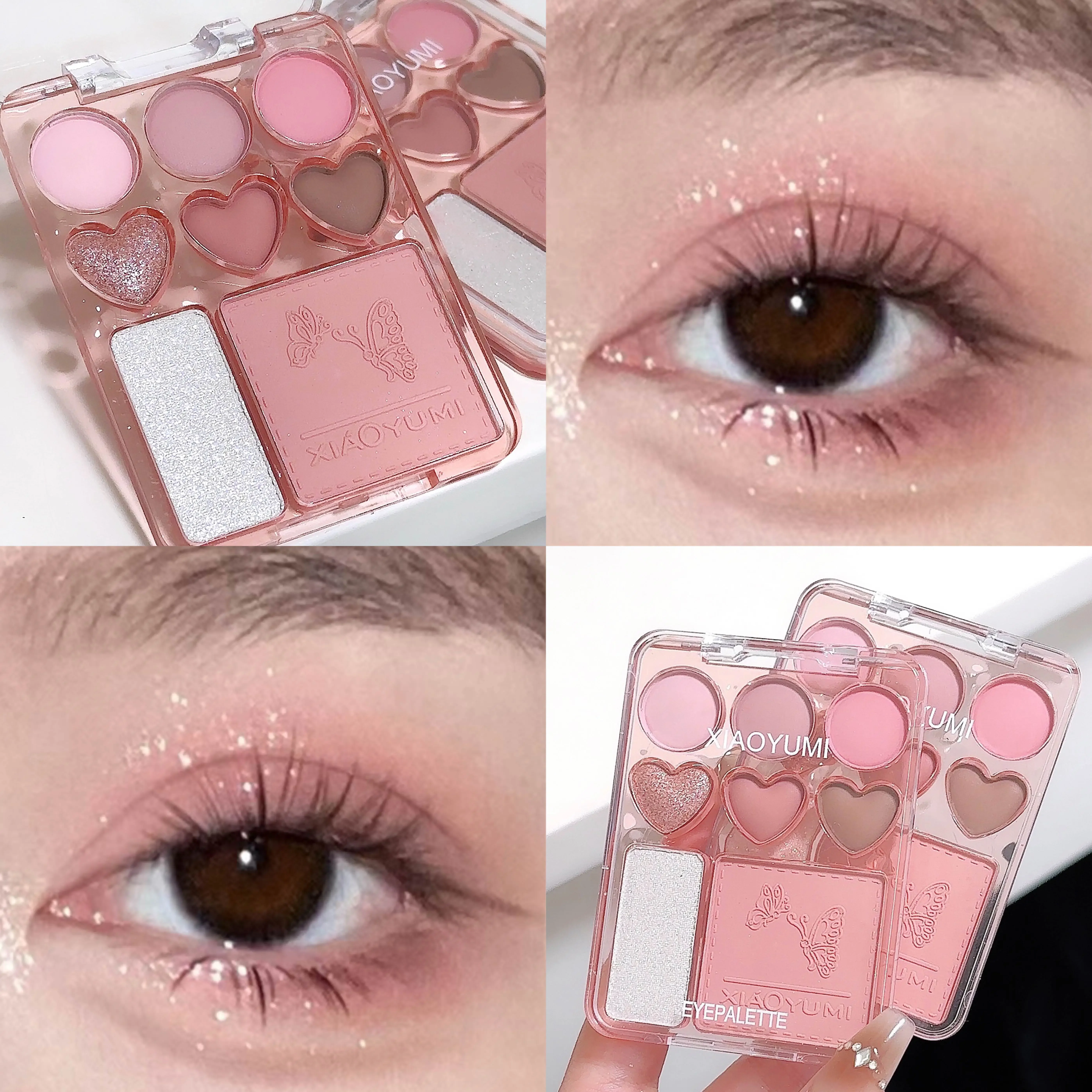 صينية ظلال عيون 8 ألوان على شكل قلب مع تسليط الضوء على أحمر الخدود - غير لامع، لامع، تأثير عالي اللمعان - وردي، توت، بني، لون #4