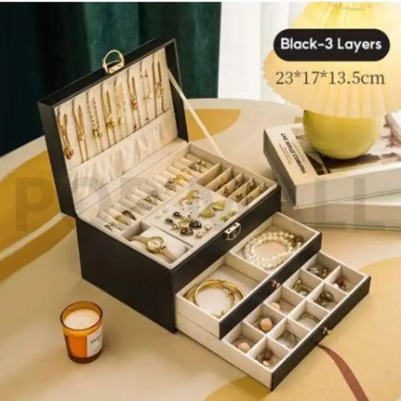 

Jewelry Organizer With Lock Necklace Earring Ring Organizer PU Leather Jewelry Box Festival Gift