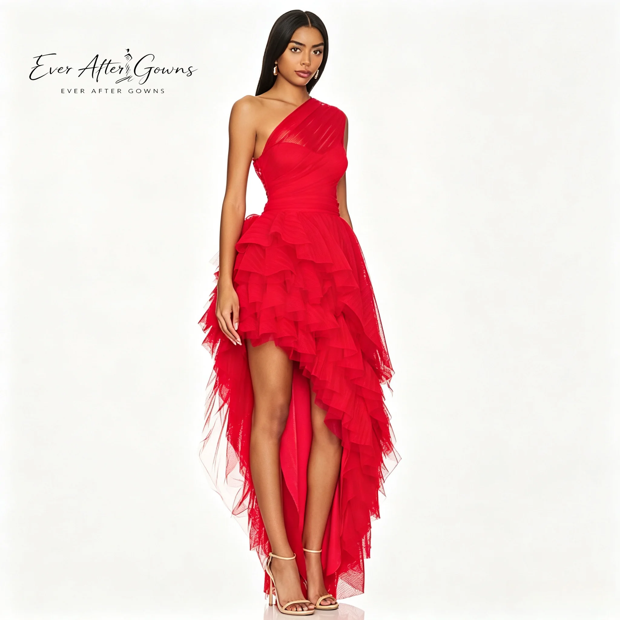 Ever After Gowns Red Tulle One Shoulder High Low Midi Maxi Dress Tiered Ruffle Asymmetrical Formal Cocktail Gown