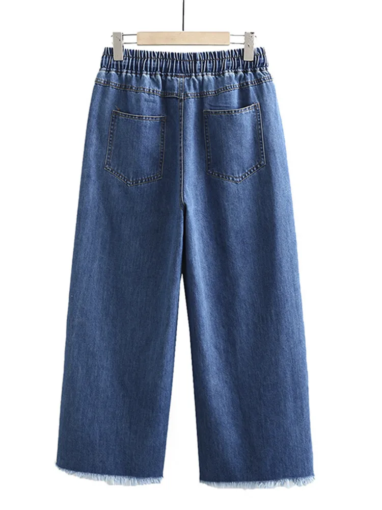 Jeans feminino elástico na cintura sem estiramento, calças de perna reta, tamanho grande, areia lavada, primavera e outono