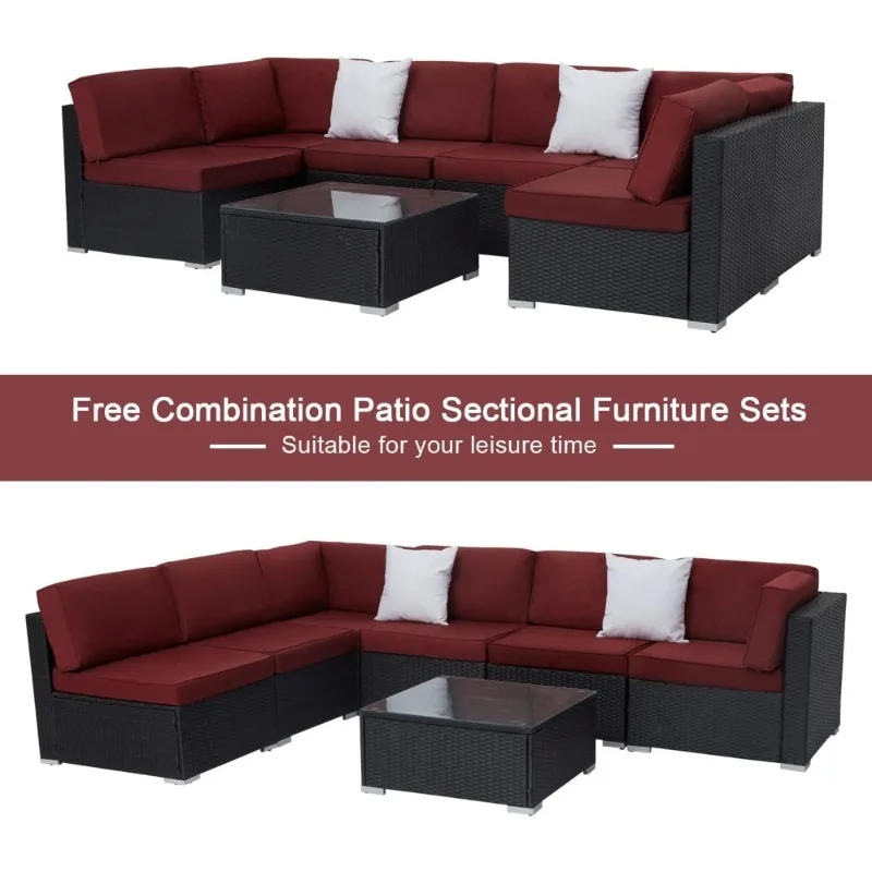 أطقم أثاث الفناء أريكة مقطعية خارجية مع وسائد وطاولة قهوة لجميع الأحوال الجوية باللون الأسود من PE #5