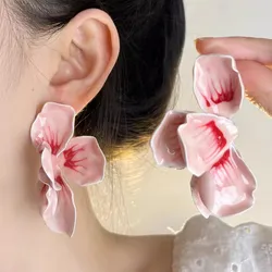 Pink Drip Glaze Enamel Metal Flower Earrings for Women European American Personality Exaggerated Romantic Jewelry Accessories