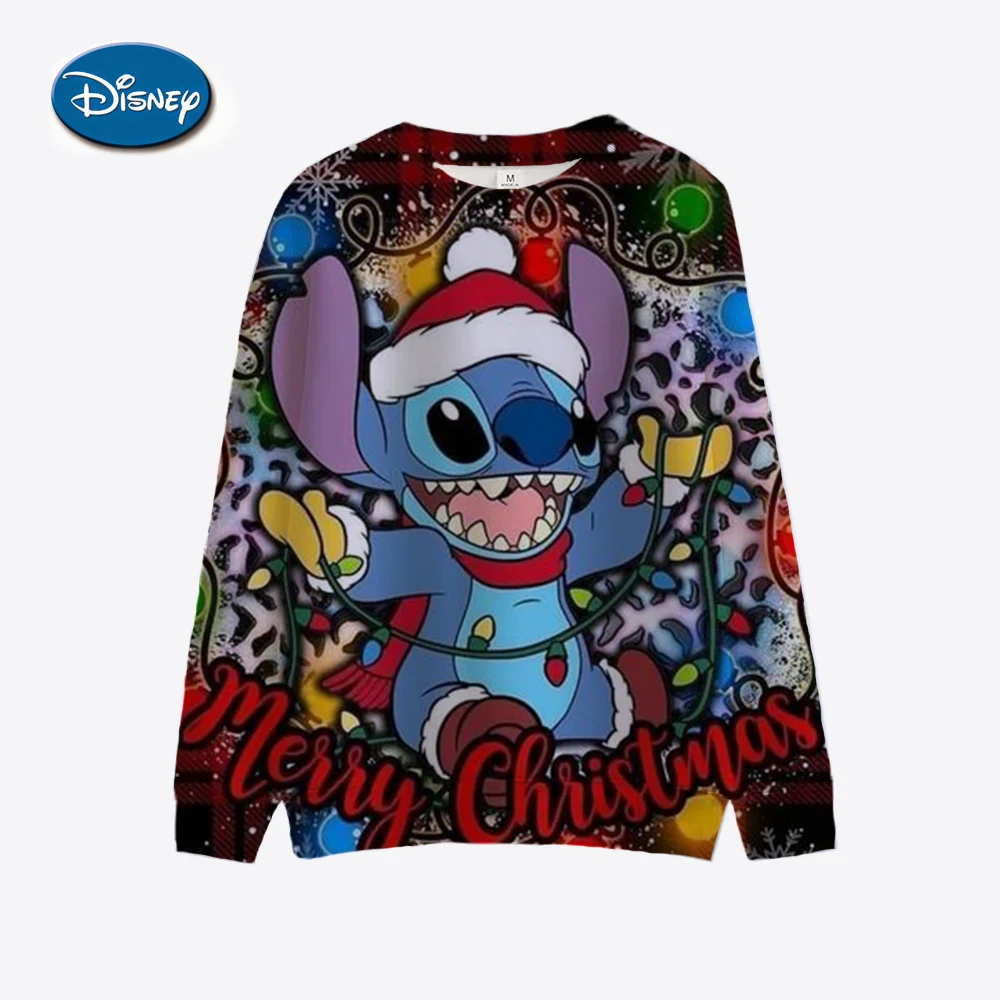 Christmas Women\'s Disney Stitch Fashion Girls\' Long Sleeve Round Neck Sweatshirt Cute Pattern Christmas Shirt Hoodie Women