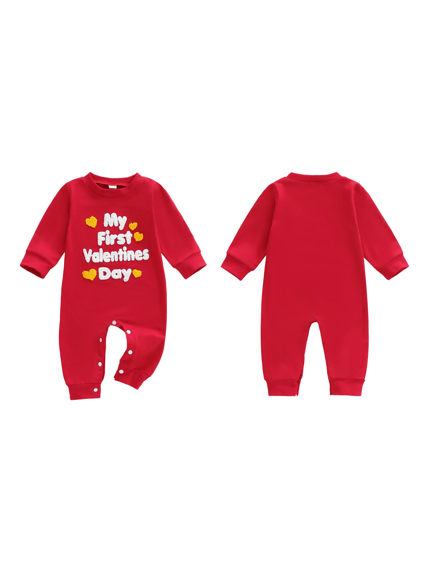 عيد الحب الأول للرضع مع تطريز على شكل قلب وأكمام طويلة ورقبة دائرية وتصميم كامل الطول