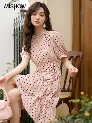 MISHOW French Retro Dot Dress for Women 2023 Summer A-line Ruffles Slim High Waist Puff Sleeve V-Neck Midi Dresses MXC35L1329