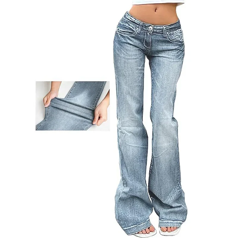 Y2K Vintage Flare Jeans for Women Sexy Low Rise Slim Fit Stretch Washed Denim Pants Harajuku Streetwear Wide Leg Jean Trousers