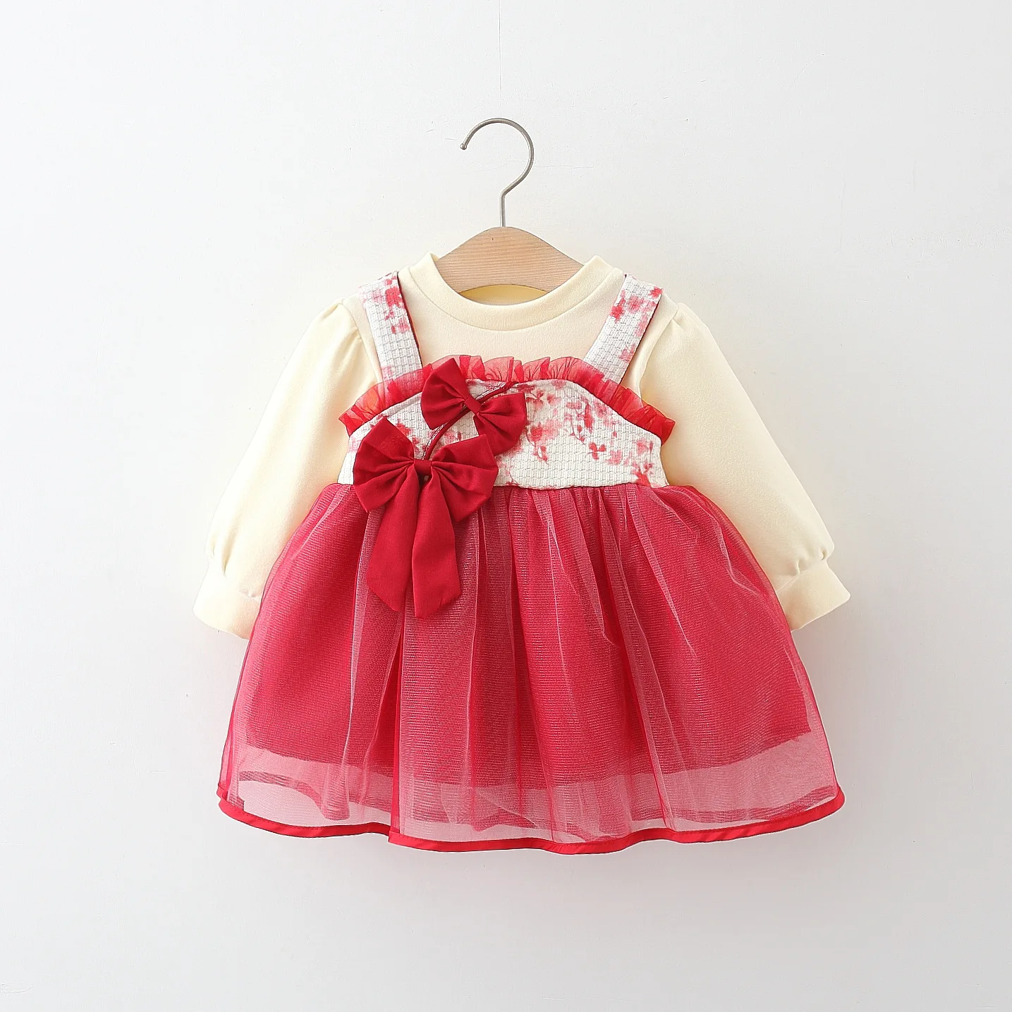 

2024 Autumn Clothing New Waist Two Bow Long-sleeved Dress for Girls Korean Version of Color Matching Princess Gauze