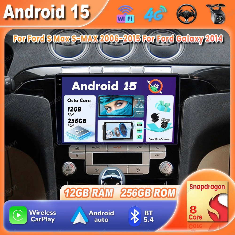 Rádio do carro android 15 para ford s max S-MAX 2006-2015 para ford galaxy 2014 dsp bt 4g lte dvd sem fio carplay auto autoradio qled