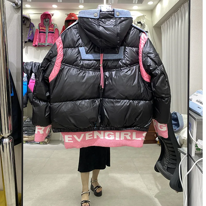 2025 Nuovo inverno colore a contrasto donna con cappuccio moda di alta qualità casual stampa di lettere allentate addensare piumino d'anatra bianco