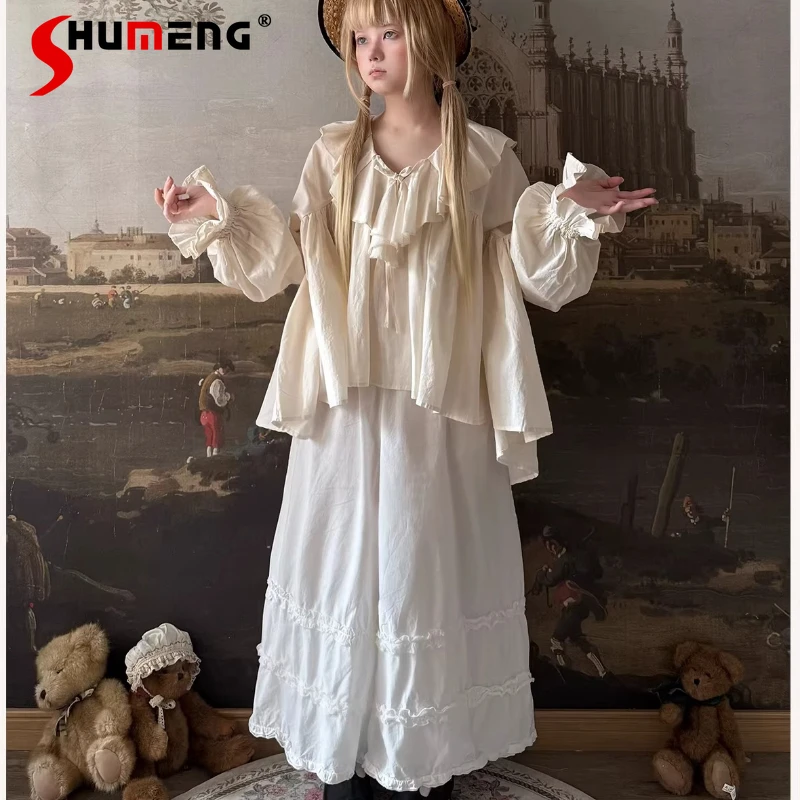 

Elegant Lace Trim Round Neck Long Sleeves Shirt Women Double Layer Hem Loose Pullover Chic Versatile Cute Daily Casual Blouse