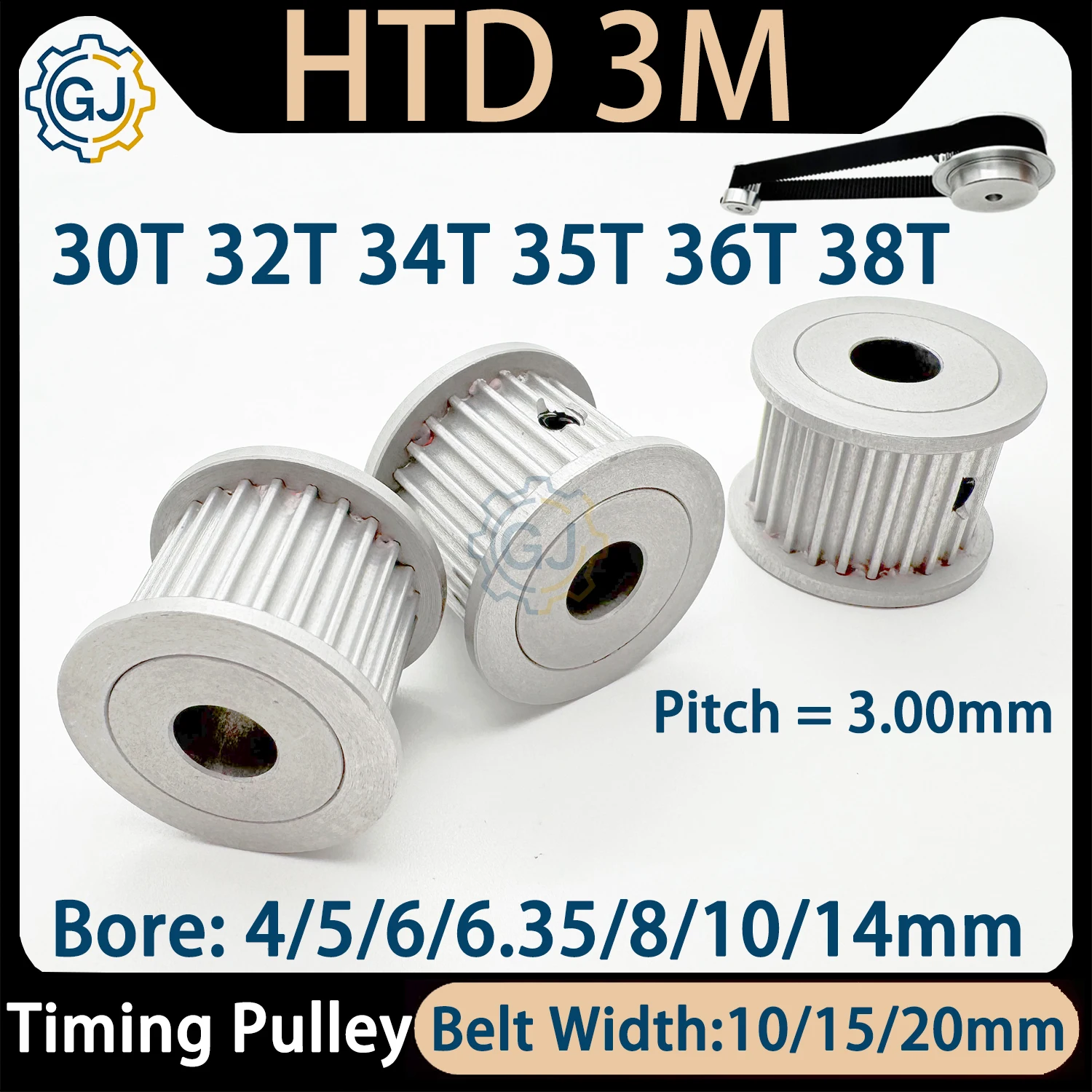 Poulie de distribution HTD 3M 32T 34T 35T 36T 38 dents, alésage 5~20mm, largeur de courroie 10/15/20mm, roue synchrone HTD3M, poulie pour imprimante 3D